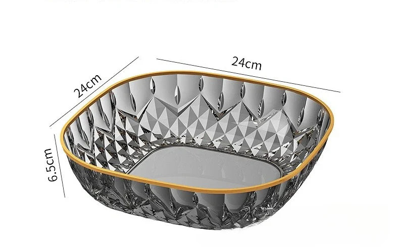 New Household Fruit Bowl Salad Dessert Biscuit Plate Plastic Square Transparent Tray Golden Edge Snack Plates Tableware LIJIAO
