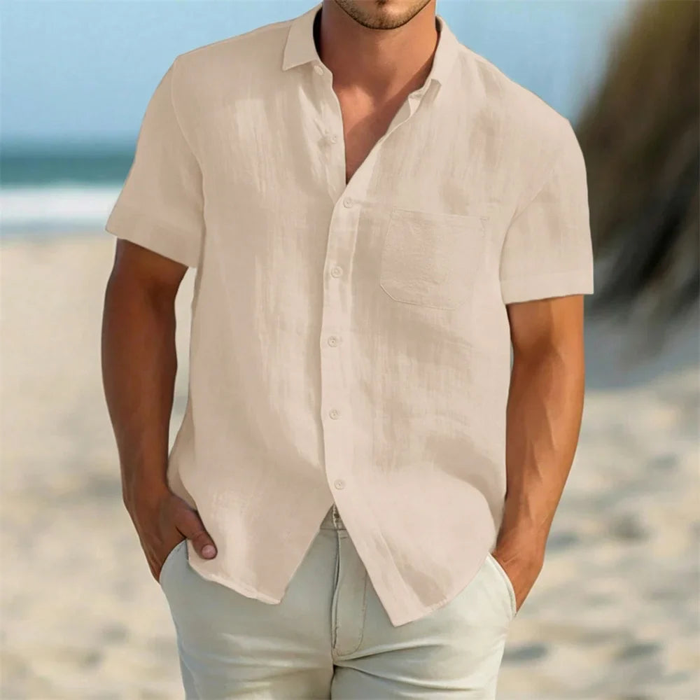 Men's Short Sleeve Shirts Cotton Linen Breathable Lightweight Cozy Beach Style Shirt Solid Color Casual Vacation Classic Tops