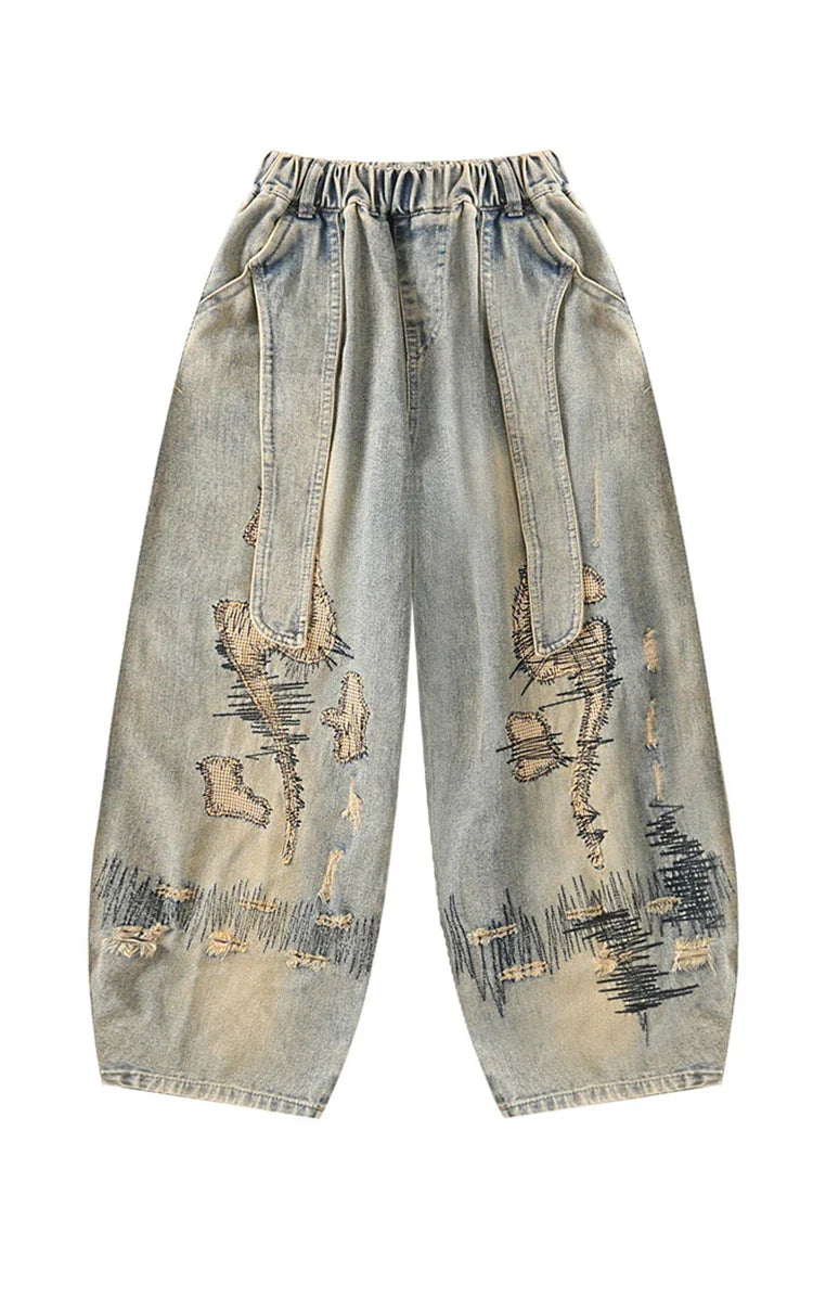 Korean Boy Luxury Hip Hop y2k Baggy Ripped Jeans Kids High Street Fashion Hiphop Rap Dance Denim Pants Child Performance Trouser