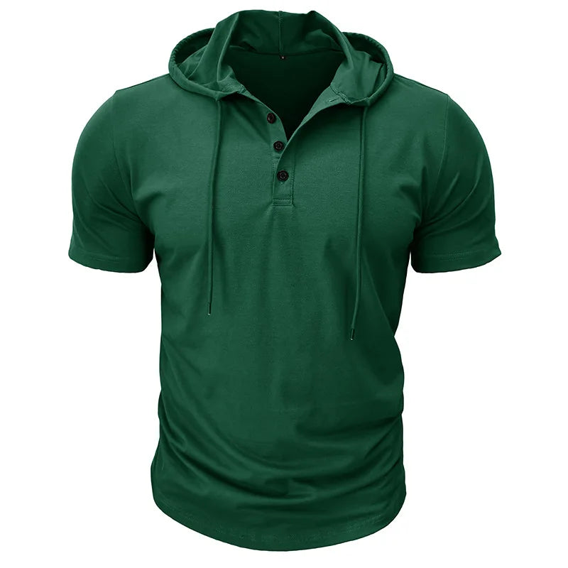 Men's Short-sleeved T-shirts for Sports and Fitness American-style Henley Shirt Hooded Top