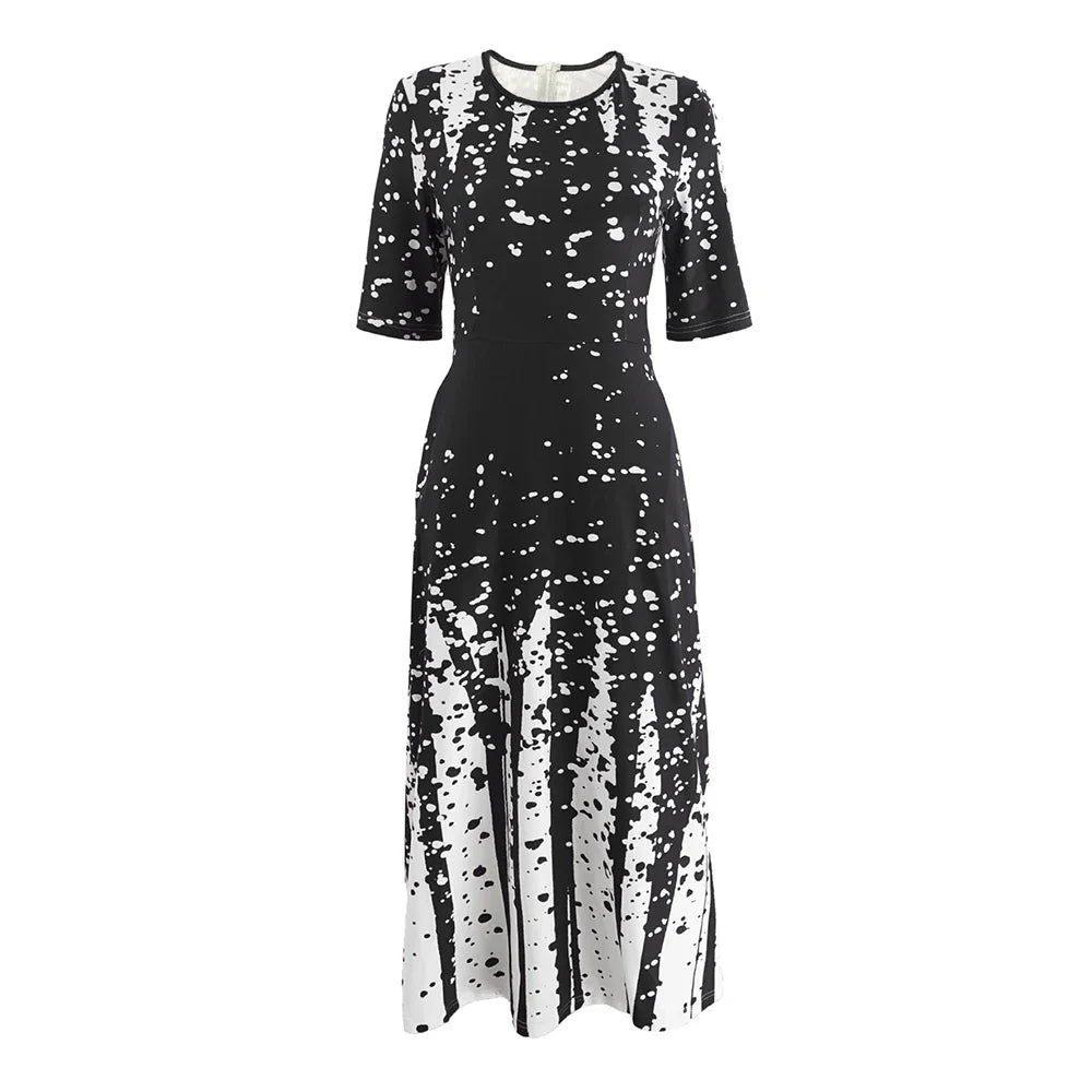 Women's Elegant Party Long Dresses Loose Round Neck Short Sleeves Retro Printed Casual Long Dress
