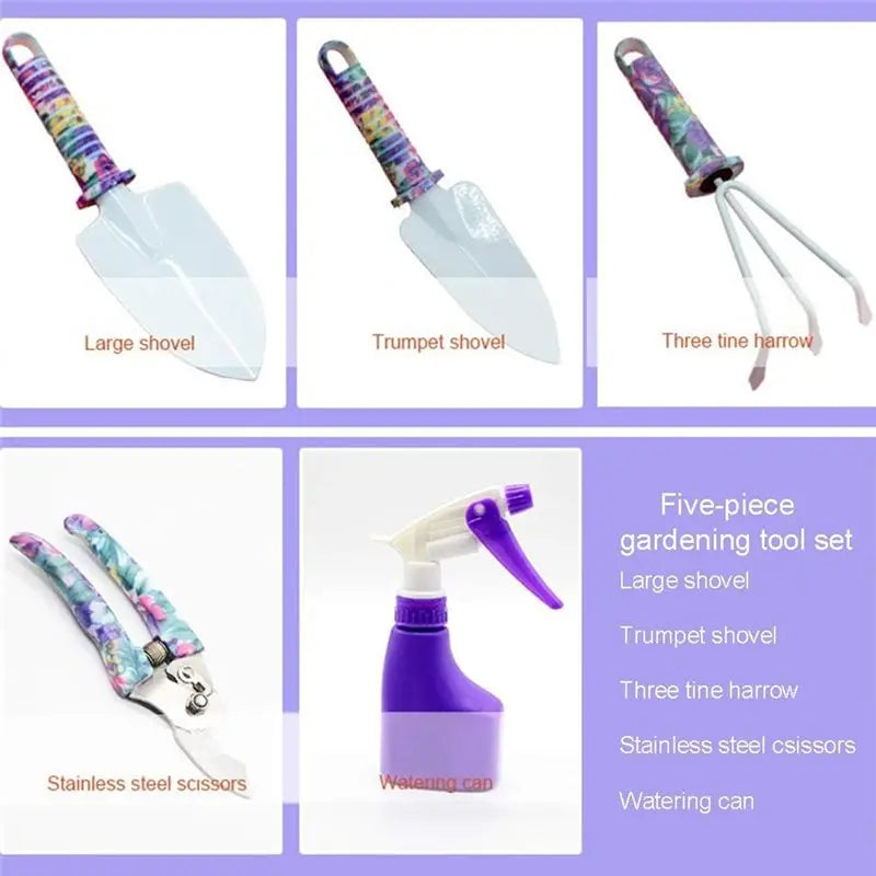 Garden Tool Set With Carrying Case,5 Piece Stainless Steel Gardening Kit With Floral Pattern Grass Flower Branch Trimmer