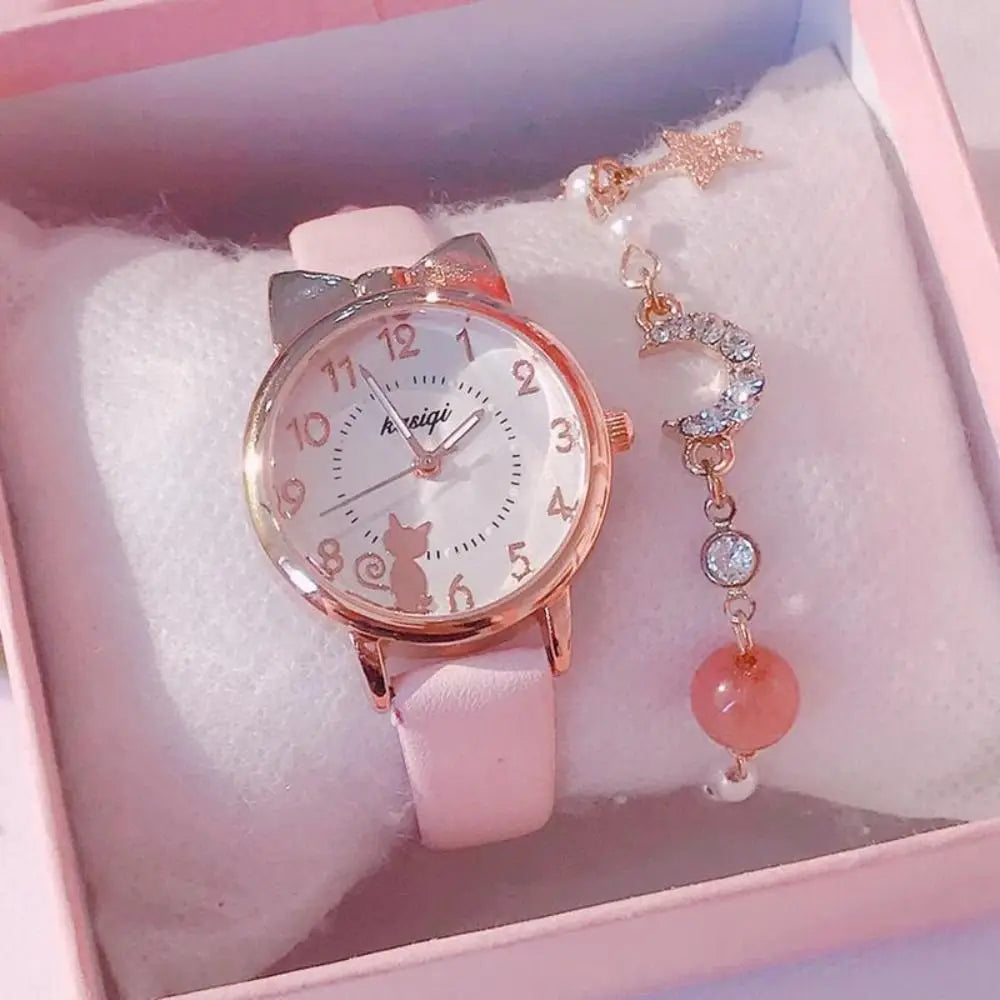 High Quality Quartz Clock Watch Bracelet Set Leather Watchband Casual Quartz Watch Cute Cat Ear Bracelet