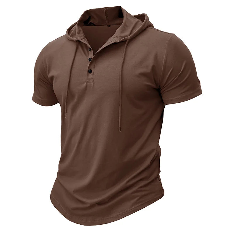 Men's Short-sleeved T-shirts for Sports and Fitness American-style Henley Shirt Hooded Top