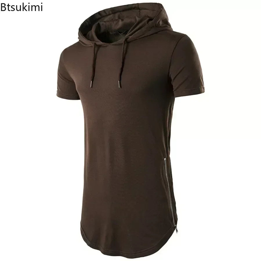 2025 Men's Summer Short Sleeve Hooded T-Shirt Solid Long Hip Hop Tops Fashion Side Zipper Streetwear Casual Sport Tees for Men
