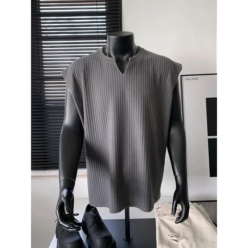 Striped Vest Men's Summer American Sleeveless V-Neck T-Shirt Textured Solid Fitness Sweatshirt