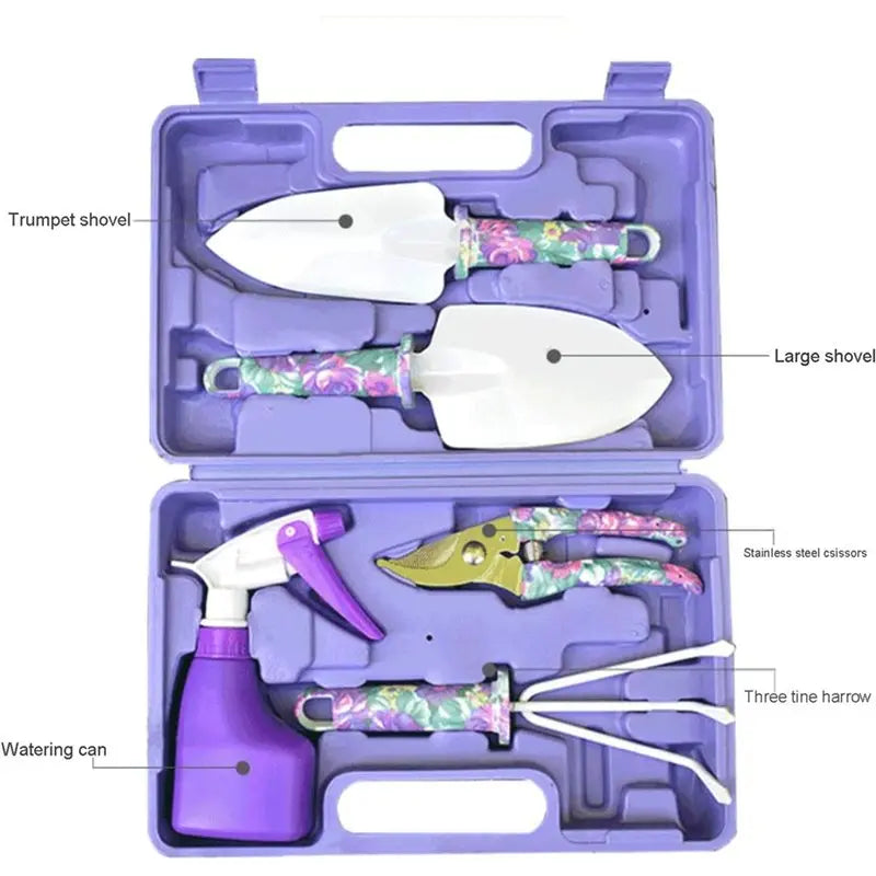 Garden Tool Set With Carrying Case,5 Piece Stainless Steel Gardening Kit With Floral Pattern Grass Flower Branch Trimmer