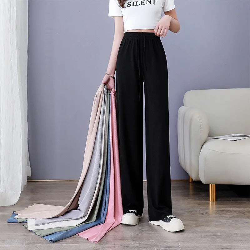 Ice Silk Wide Leg Pants Women's Summer  New High Waist Drape Loose Slimming Straight Bla Floor-Length Casual Trousers