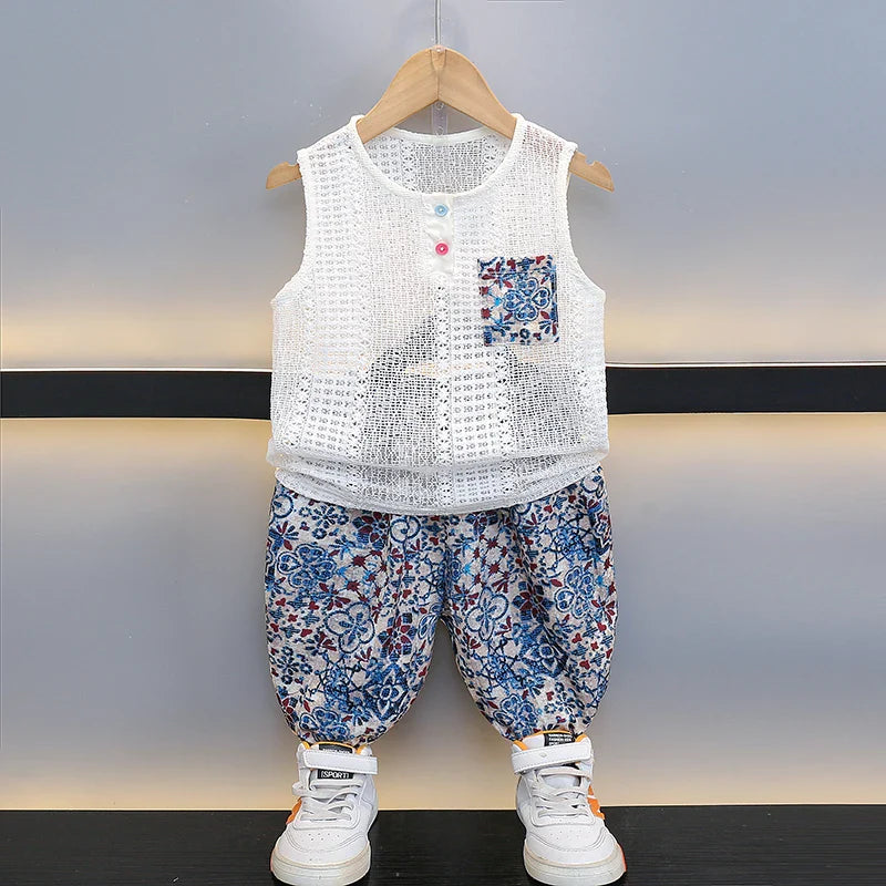 Boys Summer Hollow out Vest Set Breathable Me Svel Long Pants Two Piece Suit Teen Casual Sportswear Cotton Blend orts
