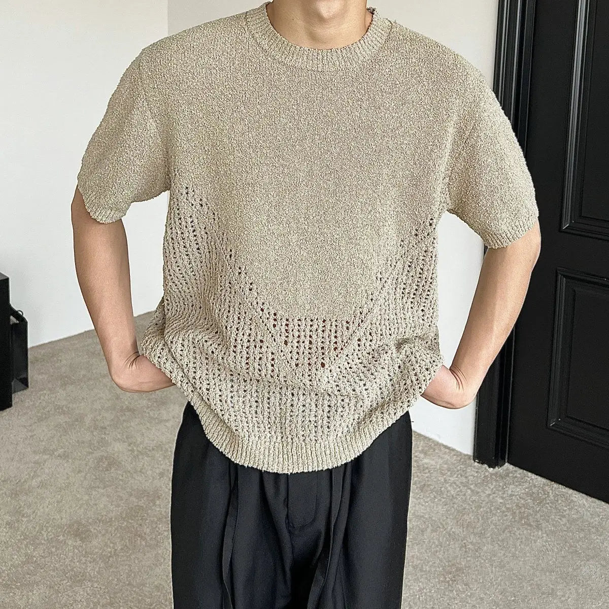 Hollow out short sleeved sweater for men and women, spring and summer new style loose and versatile knitted cardigan top