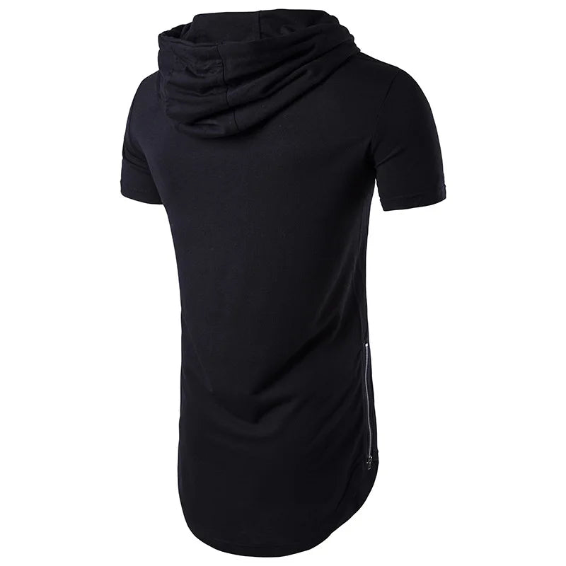 2025 Men's Summer Short Sleeve Hooded T-Shirt Solid Long Hip Hop Tops Fashion Side Zipper Streetwear Casual Sport Tees for Men