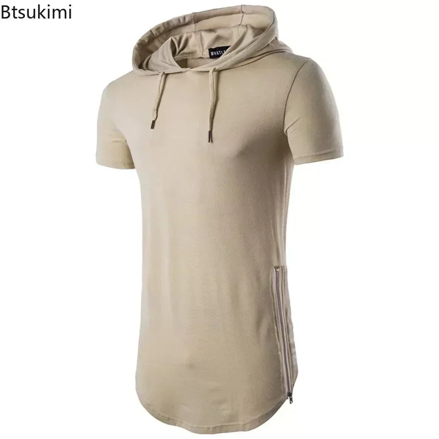 2025 Men's Summer Short Sleeve Hooded T-Shirt Solid Long Hip Hop Tops Fashion Side Zipper Streetwear Casual Sport Tees for Men