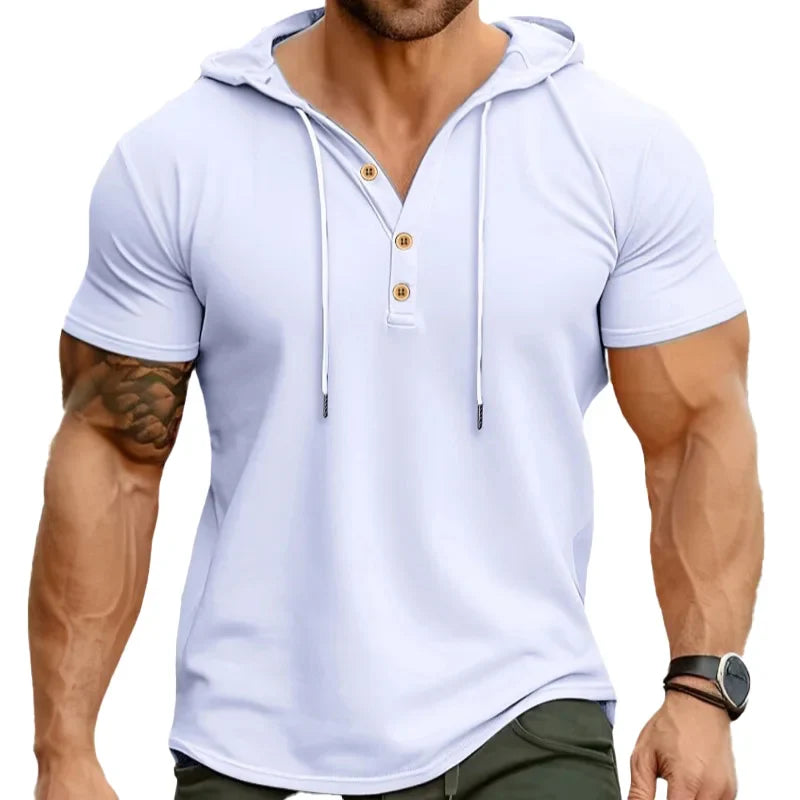 New Men Hooded T-Shirt Gym Fitness Bodybuilding Sport Hoodie Slim Solid Color Breathable Short Sleeve Muscle Henry Collar Shirt