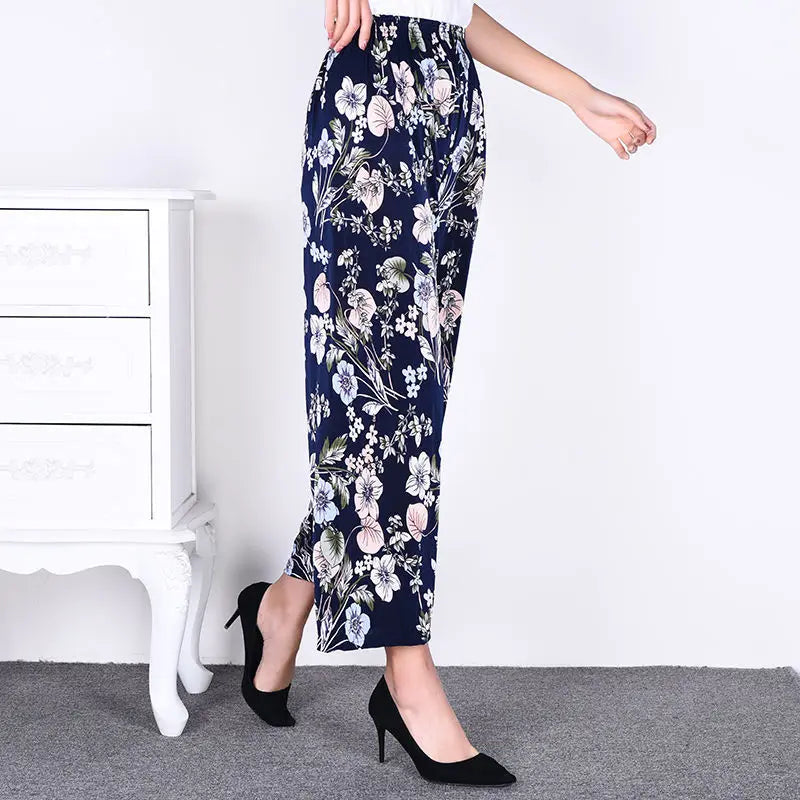 Summer Ladies Ice Silk Loose Casual Home Pants Elastic plus Size Mom Square Sports High Waist Straight Leg Length Nine Points