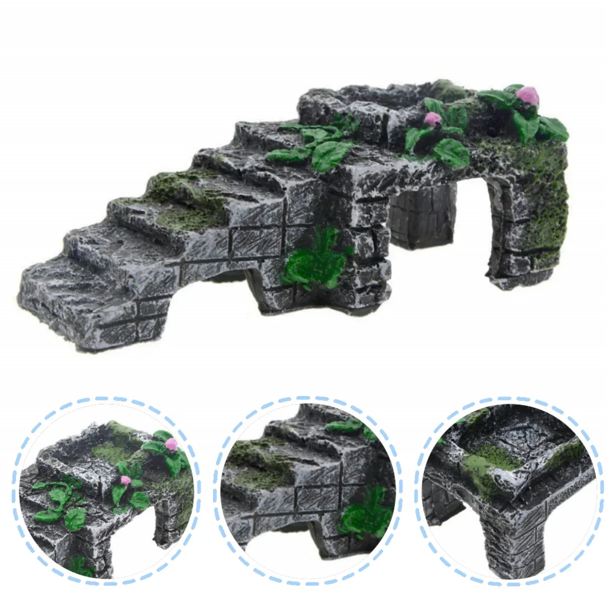 Ancient Ruins Aquarium Ornament, Resin Fish Tank Decoration with Stairs & Plants, Reptile Hideout Cave for Lizards, Turtles