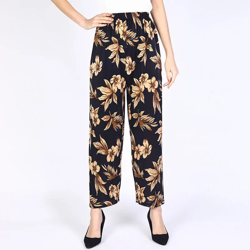 Summer Ladies Ice Silk Loose Casual Home Pants Elastic plus Size Mom Square Sports High Waist Straight Leg Length Nine Points