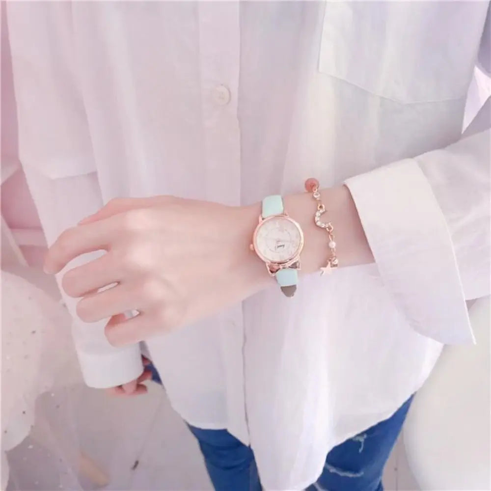 High Quality Quartz Clock Watch Bracelet Set Leather Watchband Casual Quartz Watch Cute Cat Ear Bracelet