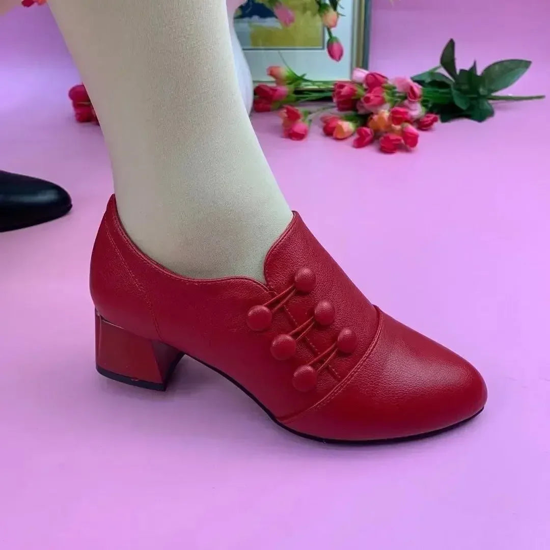 Women's Boots New Casual Leather Shoes for Women Comfort Office Low Boots Pointed Toe Ladies High Heels Red Wedding Shoes