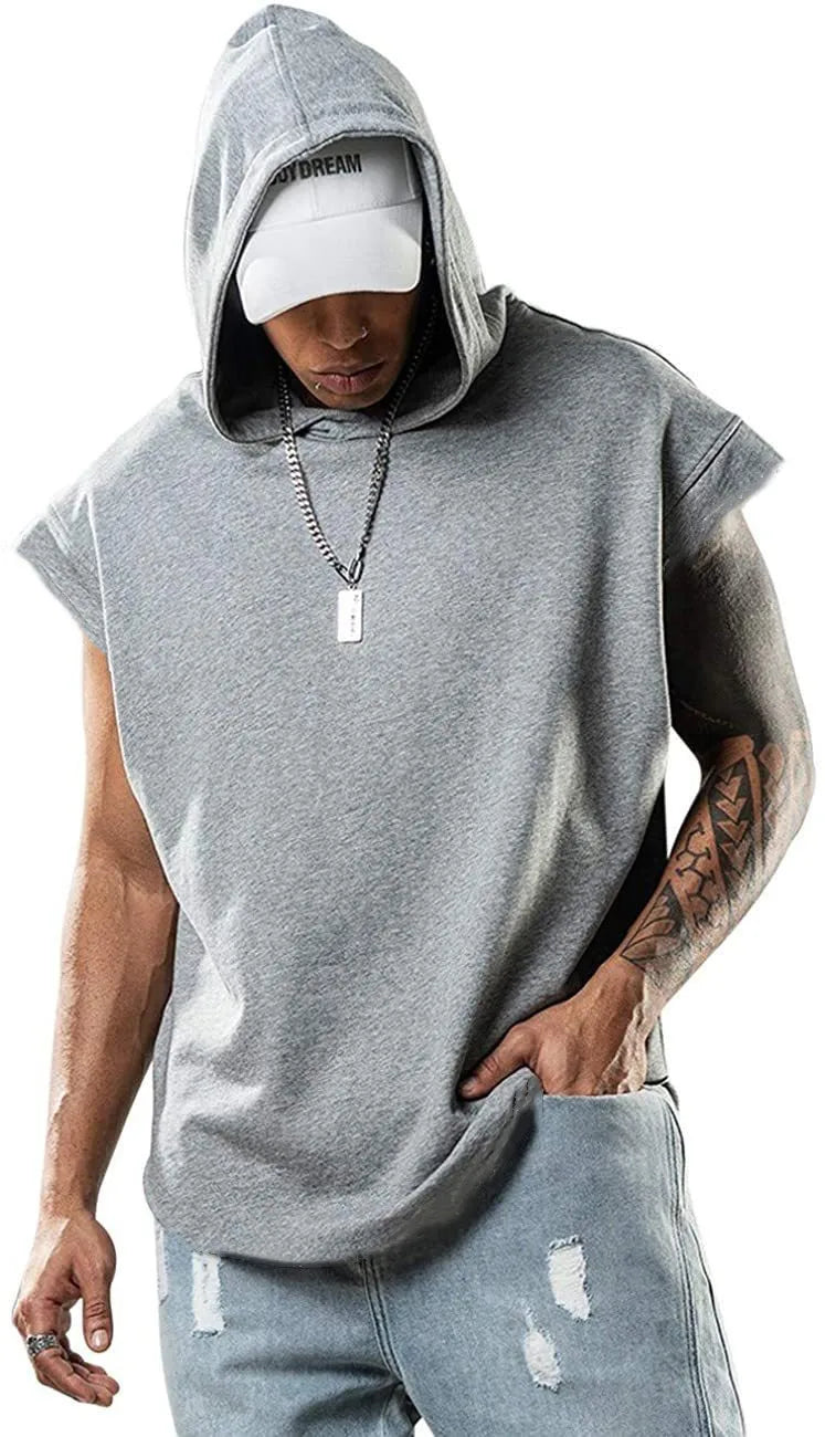 2025 Vest  Hooded Solid Color New Men's Casual Pullover Sports Men's T-shirt Sleeveless Men's Waistcoat Loose