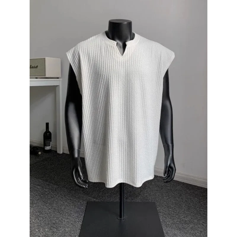 Striped Vest Men's Summer American Sleeveless V-Neck T-Shirt Textured Solid Fitness Sweatshirt