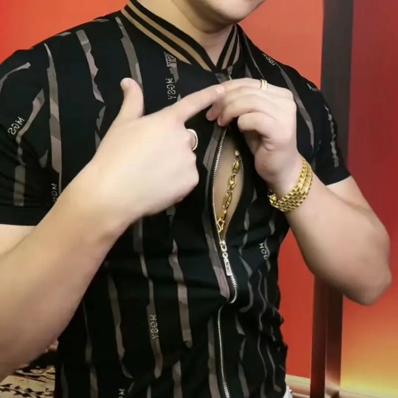 Men's New Summer T-shirt Zipper Short-sleeved Cardigan Sweater Round Neck Fashionable and Handsome Top Thin