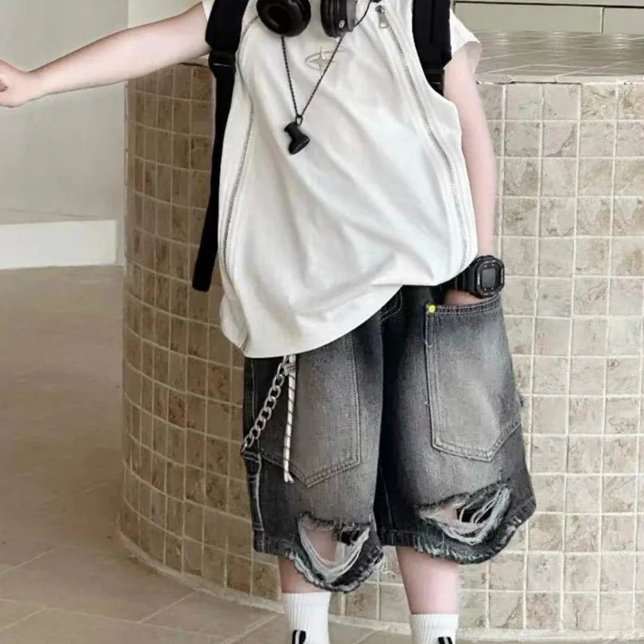 Boys' Korean Vintage Distressed Jeans 100% Cotton Streetwear Kids' Trendy Outfit
