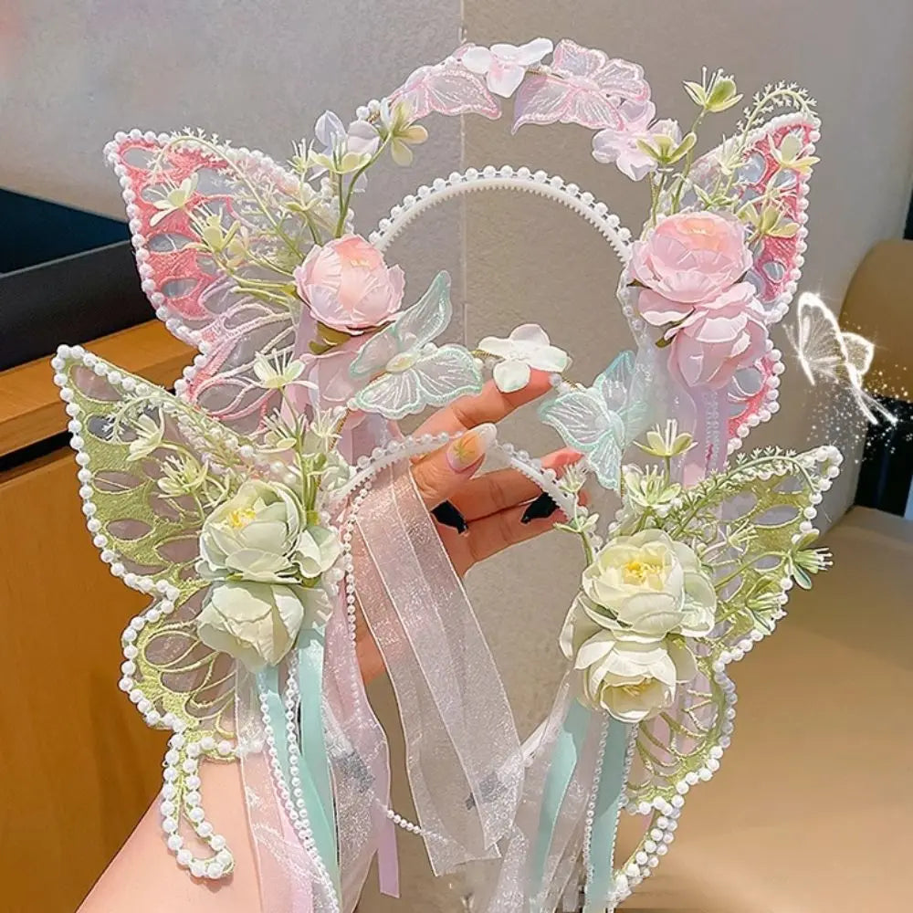 Fresh Sweet Butterfly Flowers Hairband Pearl Beads Silk Ribbon Floral Headwear Fairy Hair Jewelry Decorative Headwear Women Wear