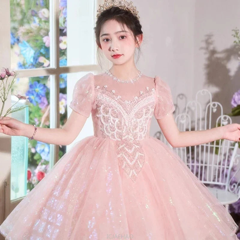Party Dress Blue Girls Puffy Princess Dresses New Kids Gown Birthday Host Piano Recital Outfit Pageant Performance Formal Wear