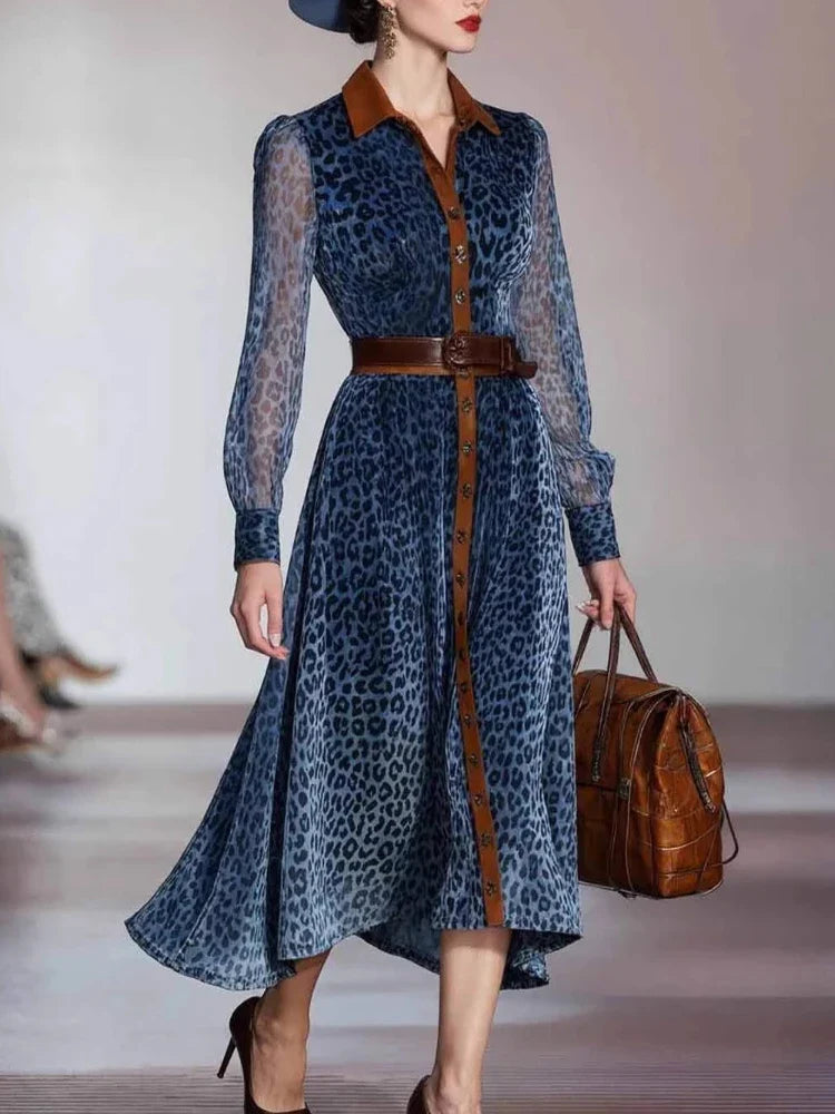 Elegant Woman Dresses Retro Turndown Collar Leopard Print Long Dress Autumn Single Breasted Long Sleeve Western Cowboy Dress