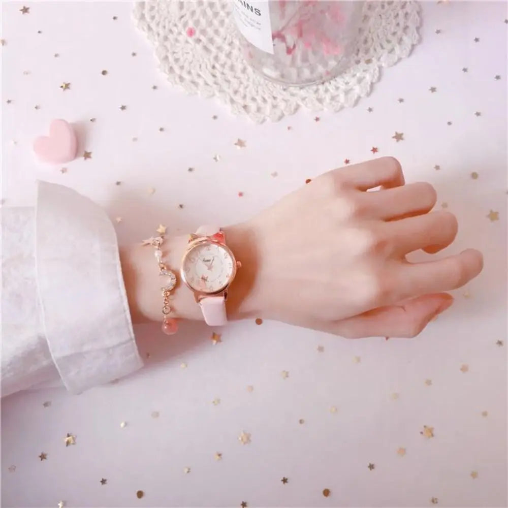 High Quality Quartz Clock Watch Bracelet Set Leather Watchband Casual Quartz Watch Cute Cat Ear Bracelet