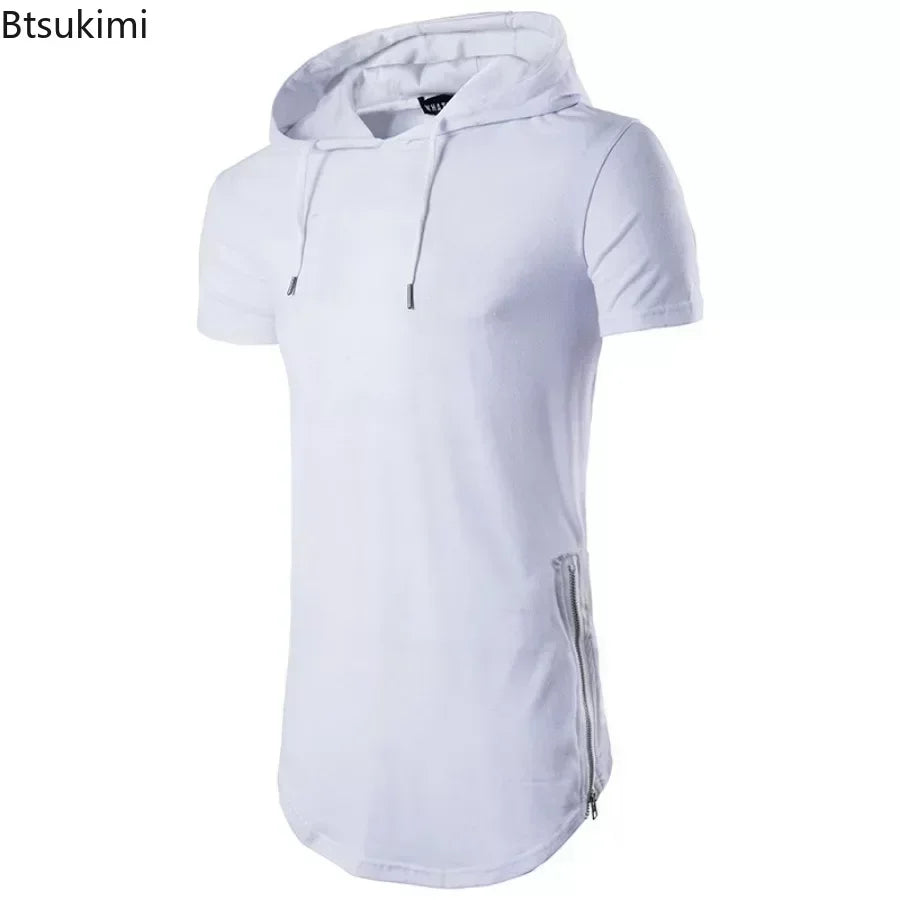 2025 Men's Summer Short Sleeve Hooded T-Shirt Solid Long Hip Hop Tops Fashion Side Zipper Streetwear Casual Sport Tees for Men