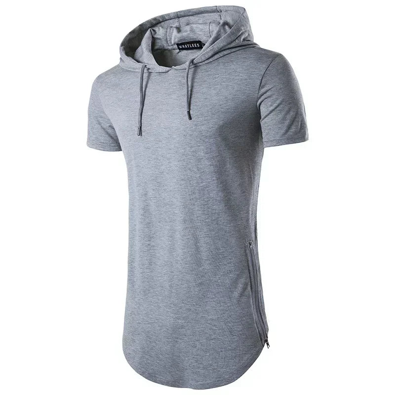 2025 Men's Summer Short Sleeve Hooded T-Shirt Solid Long Hip Hop Tops Fashion Side Zipper Streetwear Casual Sport Tees for Men