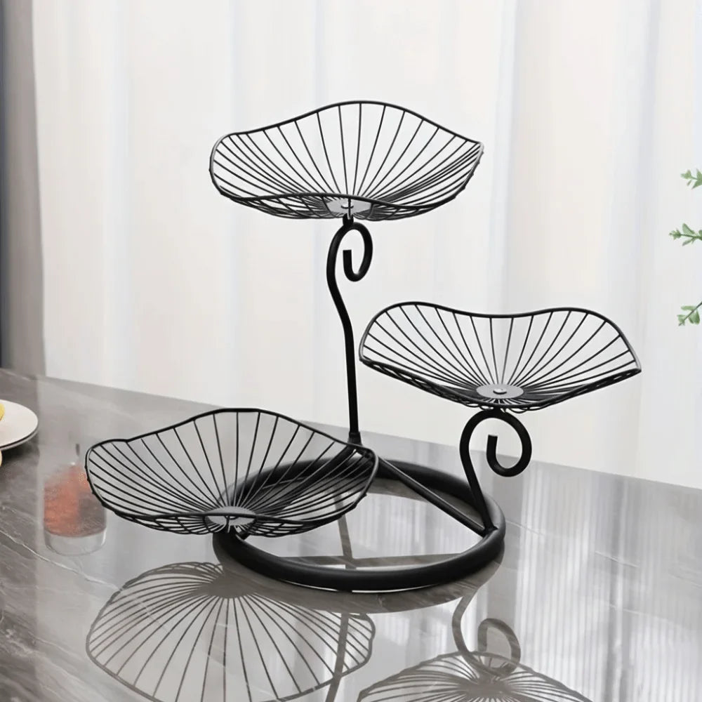 Lotus Leaf Shape 3-Tier Fruit Basket Vintage Space-Saving Multi-Layer Serving Tray with Base Metal Wire Fruit Basket