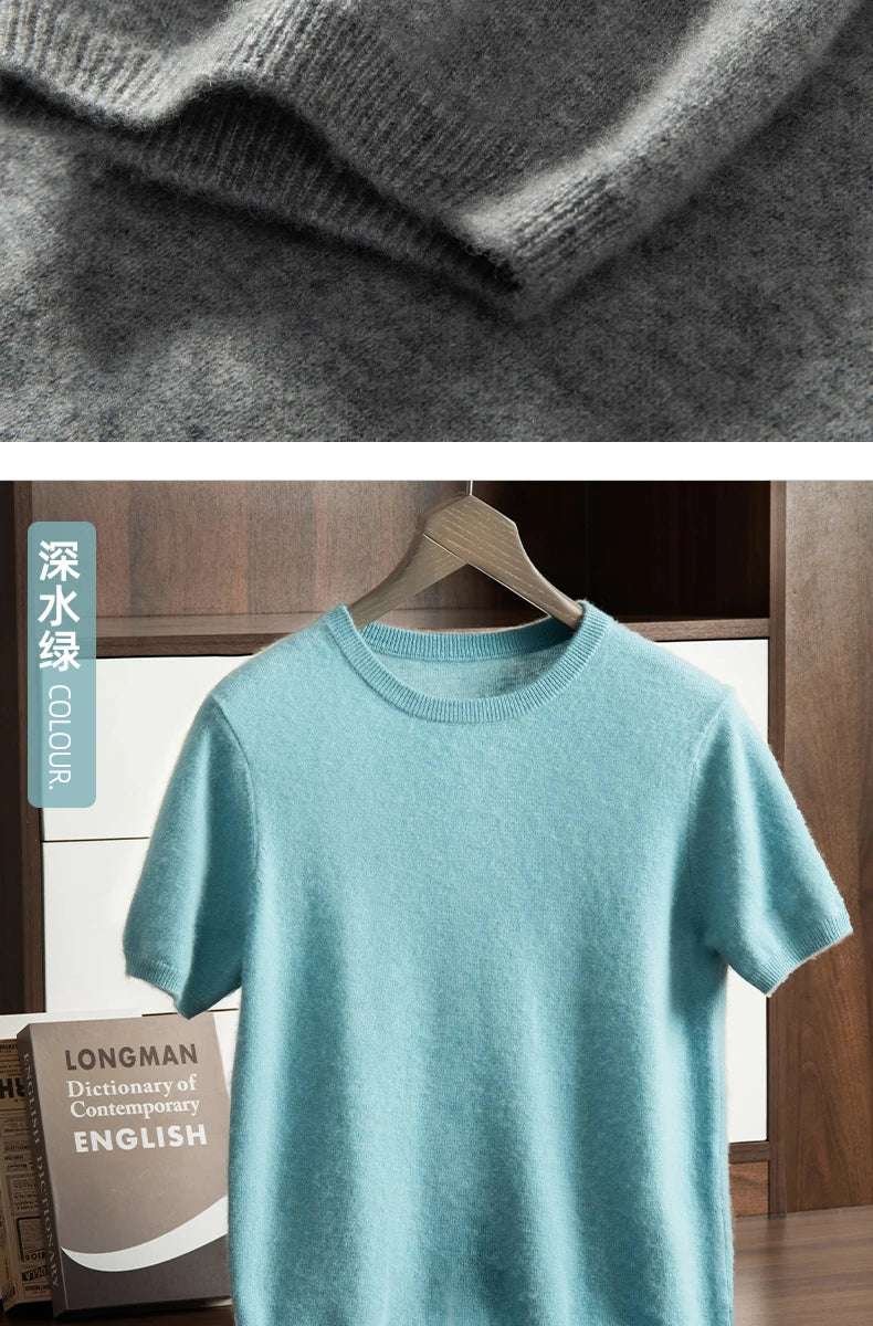 Men's T-shirt spring/Summer New Item 100% Cashmere Short Sleeved Men's Round Neck Knitted Pullover Vest Casual Men's Clothing