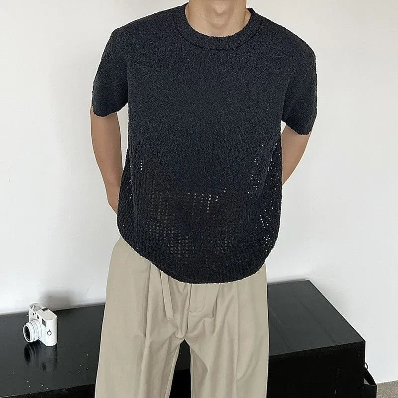 Hollow out short sleeved sweater for men and women, spring and summer new style loose and versatile knitted cardigan top