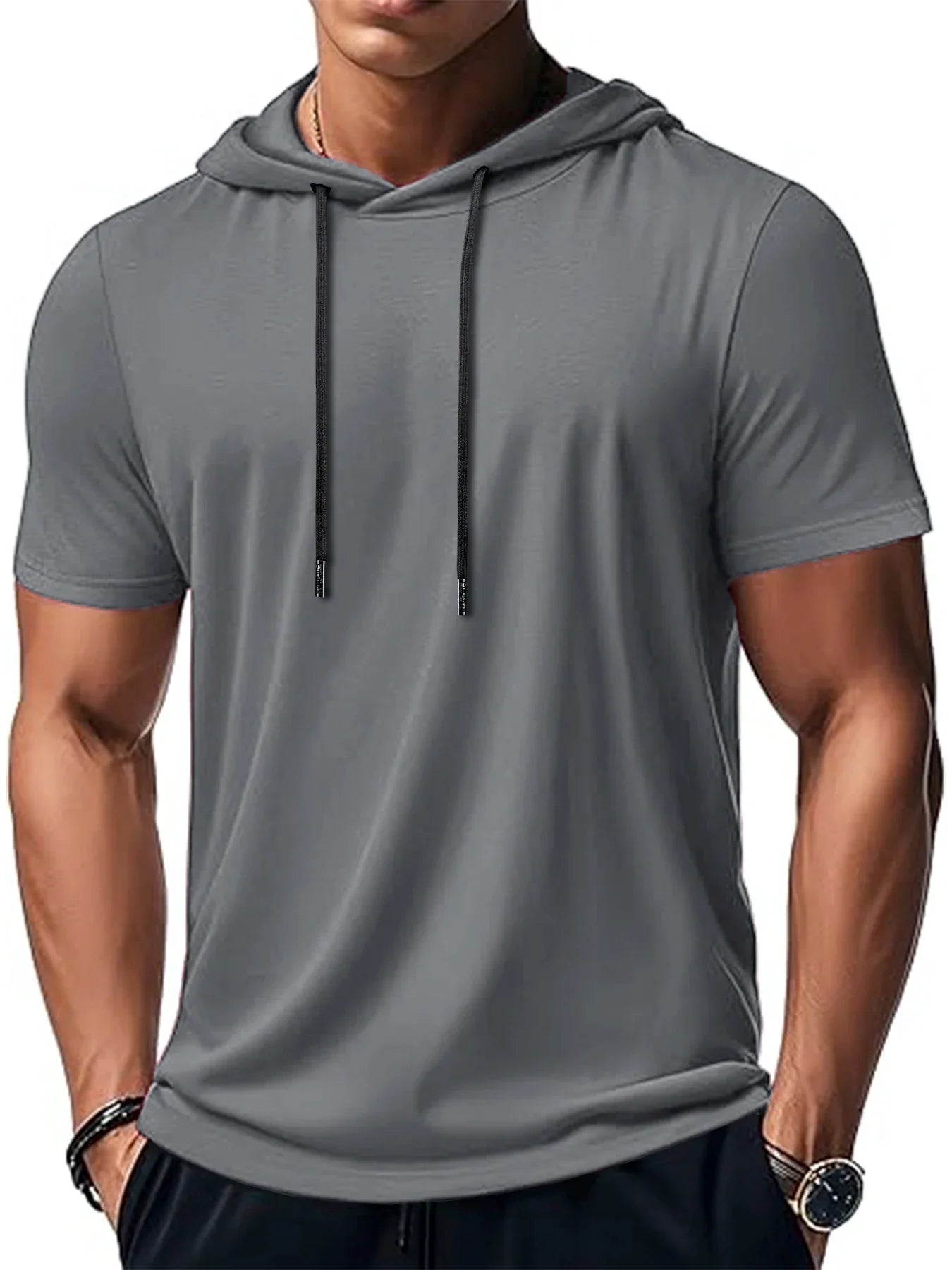 New Mens Short Sleeve Loose T-shirt Multi Solid Color Lightweight Hoodie Fitness Breathable Collar Tops Summer Hooded Sweatwear