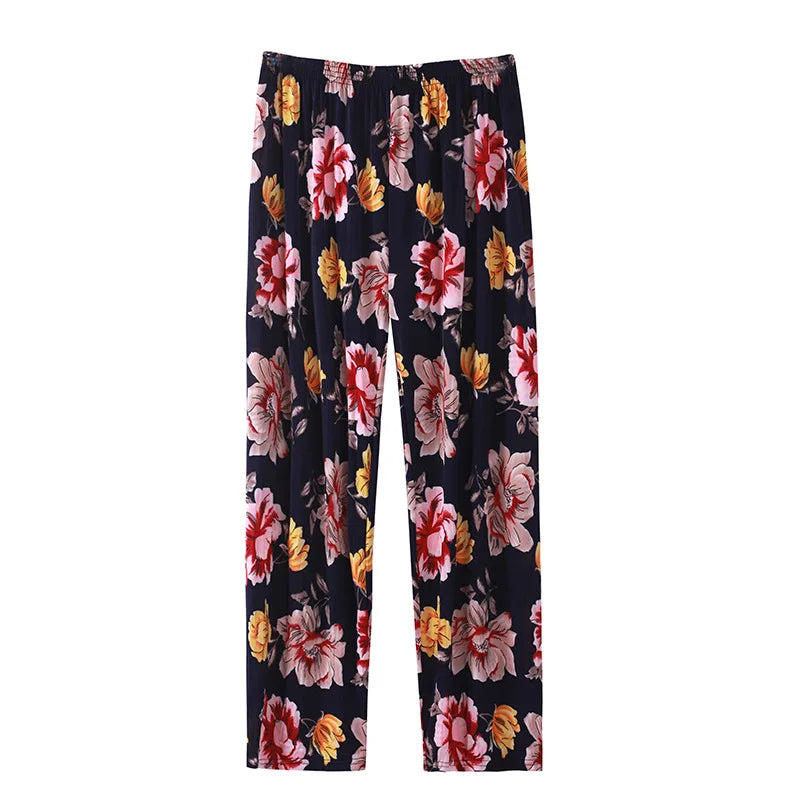 Summer Ladies Ice Silk Loose Casual Home Pants Elastic plus Size Mom Square Sports High Waist Straight Leg Length Nine Points