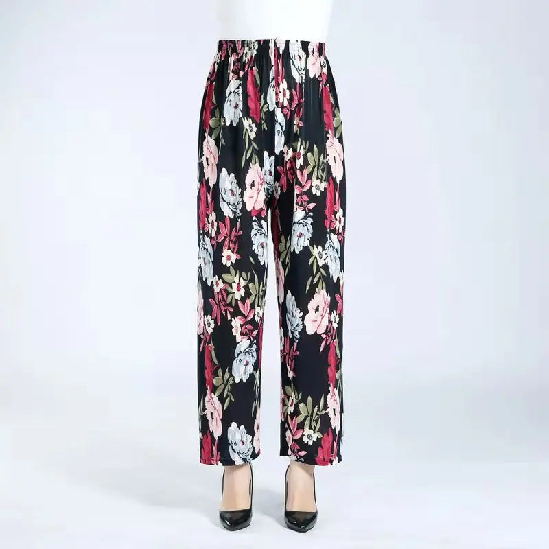 High Waist Floral Pants Straight Leg Home Leisure Women's plus Size High Elasticity Air Conditioning Pants Casual Trousers