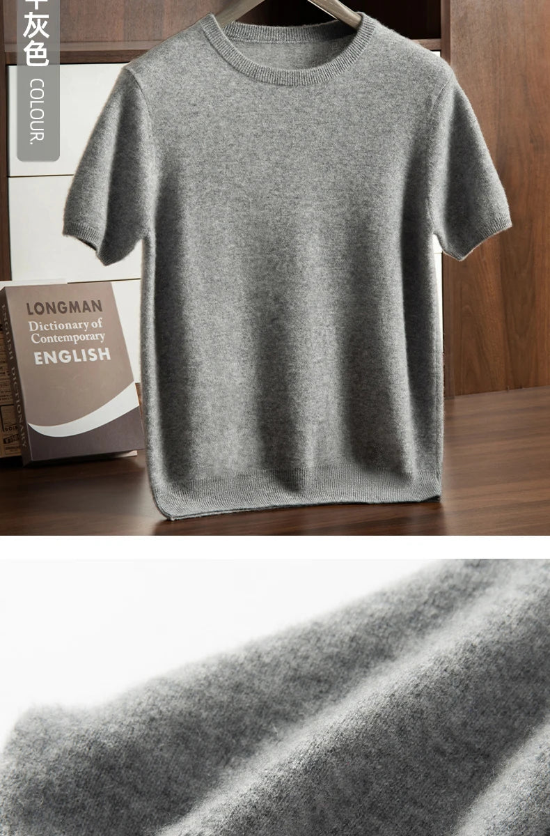 Men's T-shirt spring/Summer New Item 100% Cashmere Short Sleeved Men's Round Neck Knitted Pullover Vest Casual Men's Clothing