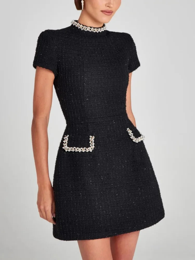 Elegant Female Patchwork Party Dress  Sexy Women Evening Dress Autumn Lady Suit Collar Short Sleeve Slim Dress