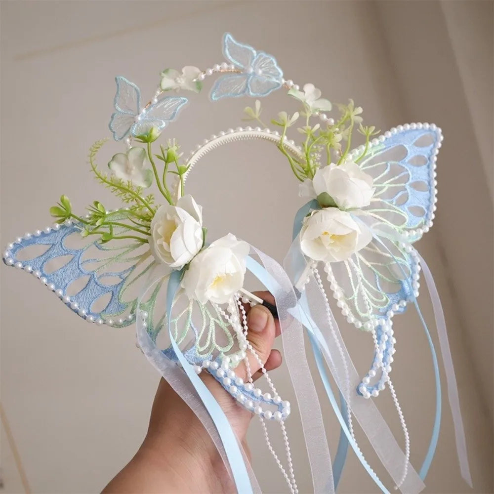 Fresh Sweet Butterfly Flowers Hairband Pearl Beads Silk Ribbon Floral Headwear Fairy Hair Jewelry Decorative Headwear Women Wear