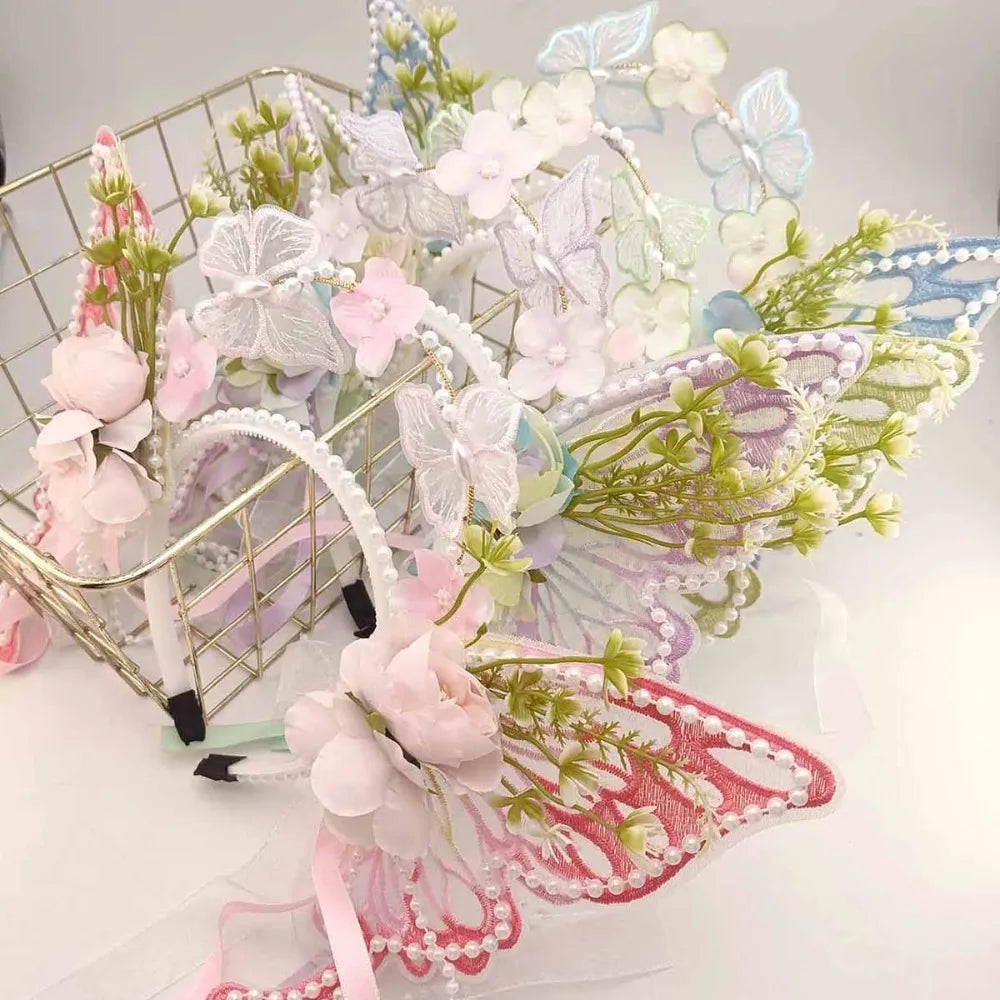 Fresh Sweet Butterfly Flowers Hairband Pearl Beads Silk Ribbon Floral Headwear Fairy Hair Jewelry Decorative Headwear Women Wear