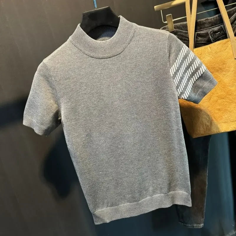 Men's Short-sleeved Sweater Slim and Simple Knitted Sweater Half Turtle Neck Jacquard Casual Thickened Base Shirt