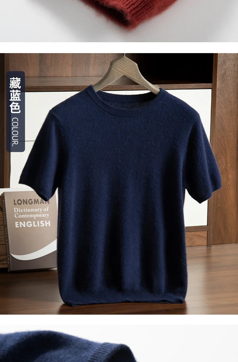 Men's T-shirt spring/Summer New Item 100% Cashmere Short Sleeved Men's Round Neck Knitted Pullover Vest Casual Men's Clothing