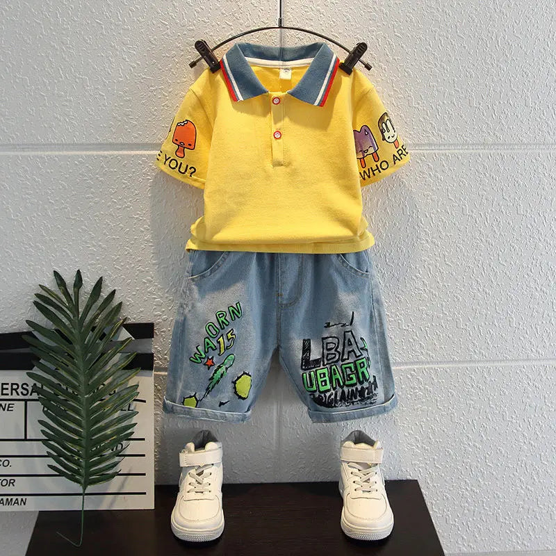 Boys  Summer Outfit T-Shirt and Jeans Korean Polo Fashion  Casual Clothing Korean Reviews Top Toddler Kids Clothes Sets