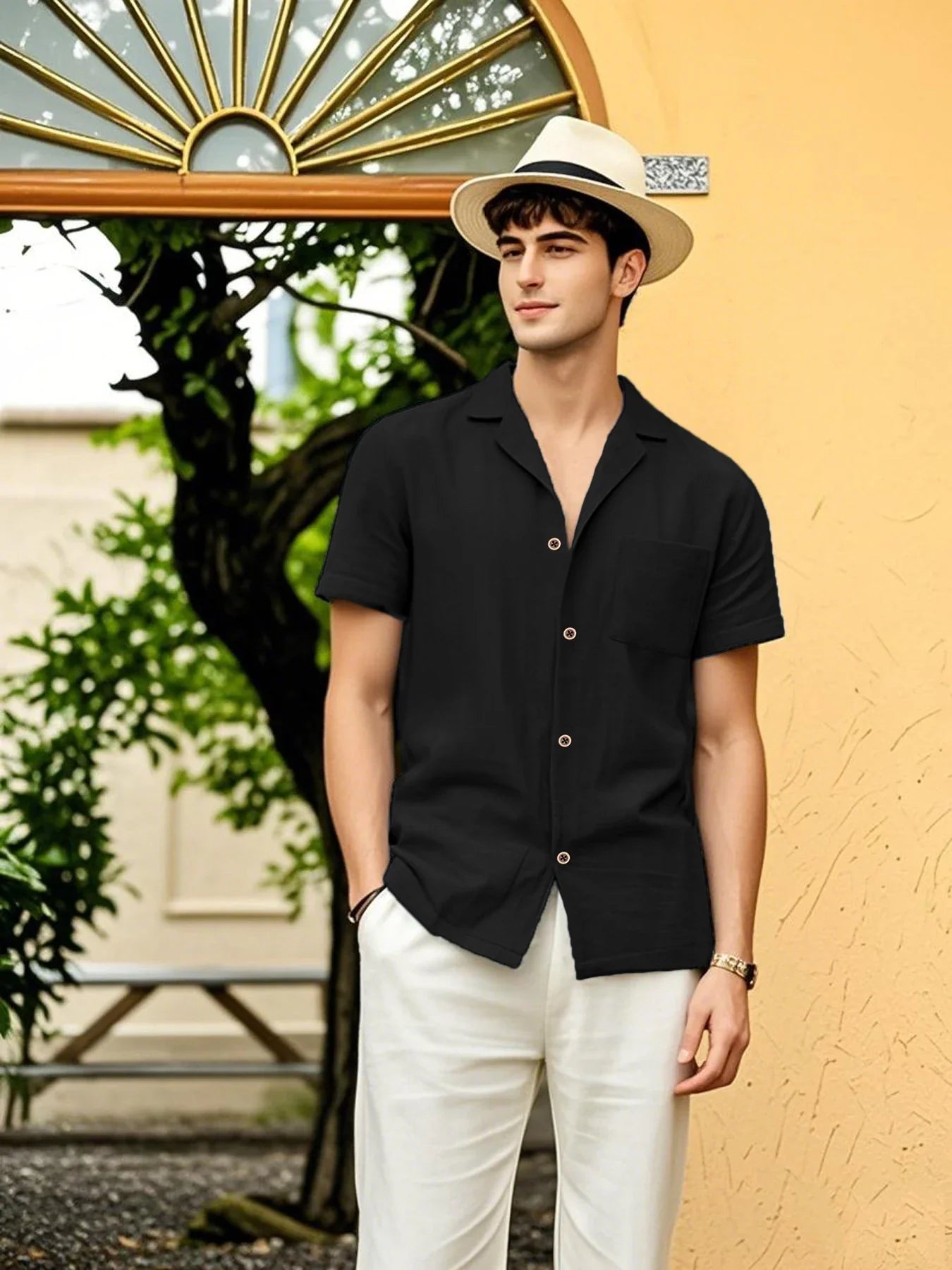 2025 Men's Short-Sleeved Shirts New Cotton Linen Hot Sale Summer Solid Color Turn-down collar Casual Beach Style Plus Size