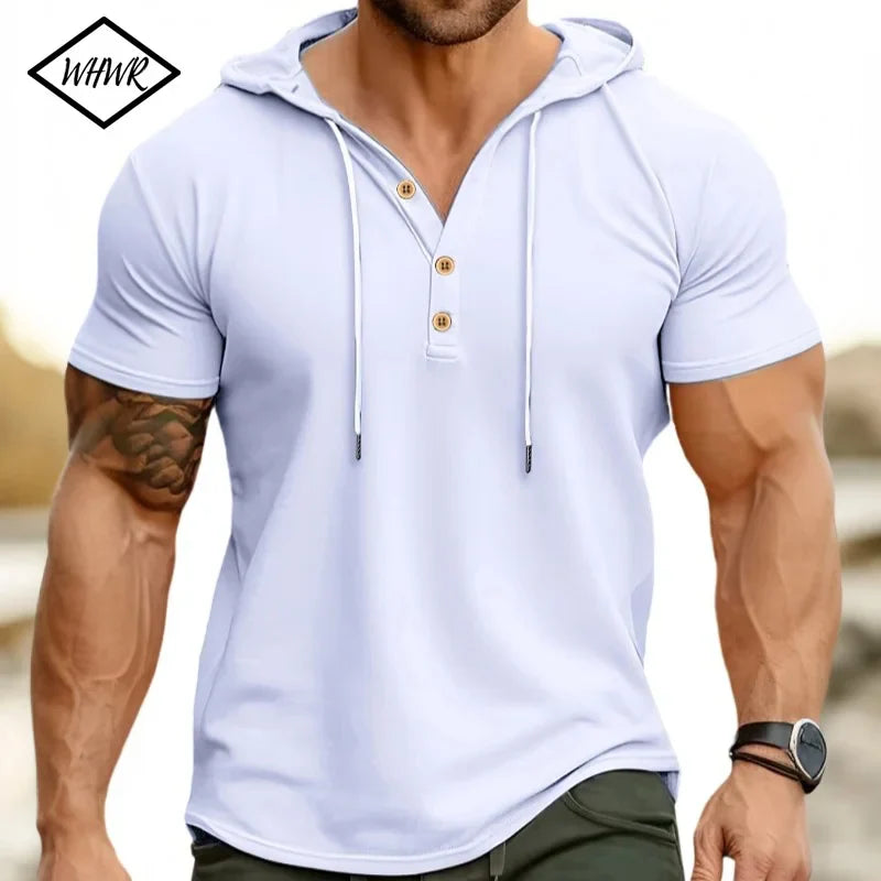 New Men Hooded T-Shirt Gym Fitness Bodybuilding Sport Hoodie Slim Solid Color Breathable Short Sleeve Muscle Henry Collar Shirt