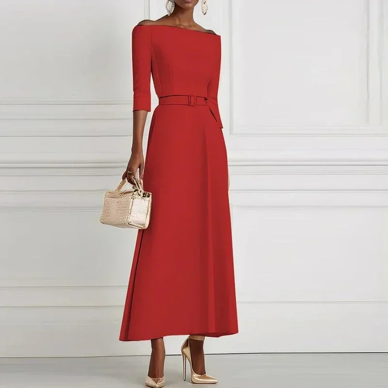 Elegant Party Dresses For Women Off Shoulder Half Sleeve High Waisted A-Line Long Dress Casual Women Offfice Dress White Robe