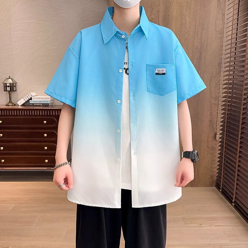 Short sleeved shirt for men, summer gradient loose shirt, retro casual trend, solid color, color blocked half sleeve