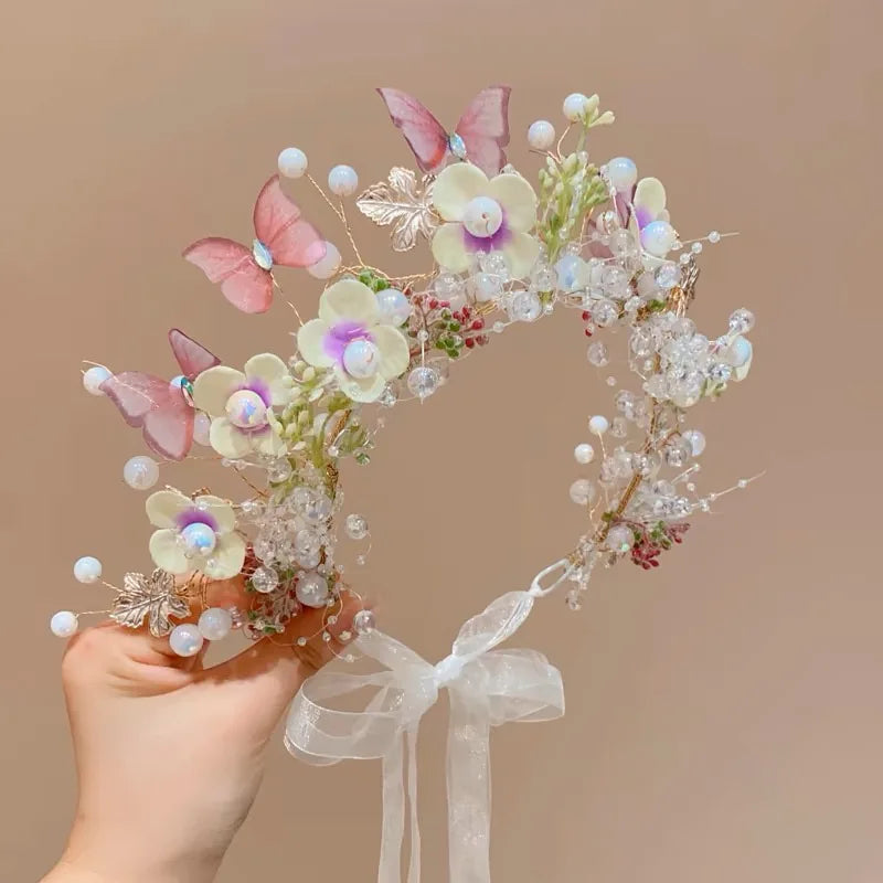 Sweet crowns for bouquets Headband For Kid Forest Style Hairbands Girl butterfly flower crown Hair Band Flower headpiece